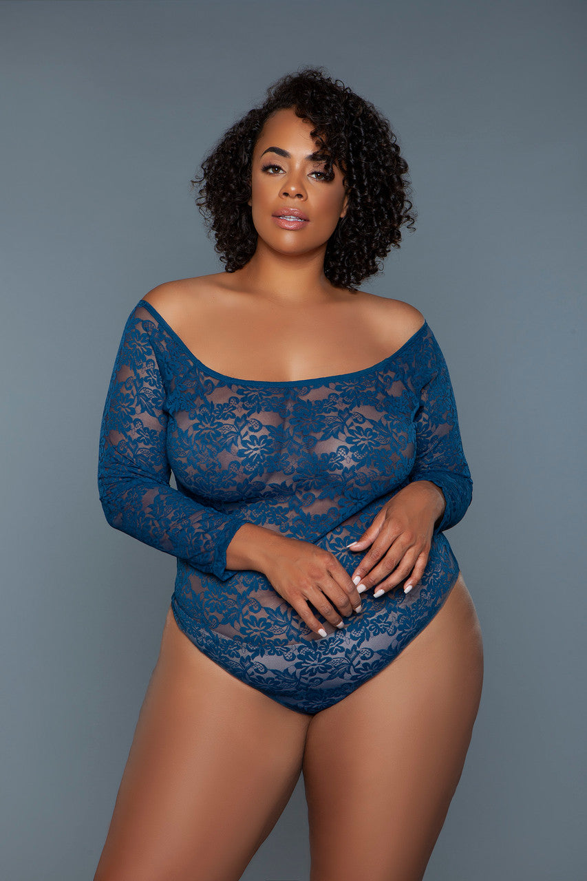 An off-shoulder floral lace bodysuit is a captivating piece of clothing that combines the allure of lace with a flattering off-shoulder design. This bodysuit features a neckline that elegantly exposes the shoulders, creating a sensual and feminine silhouette. Off shoulder neckline Long sleeves Snap-on panty closure Thong not included
