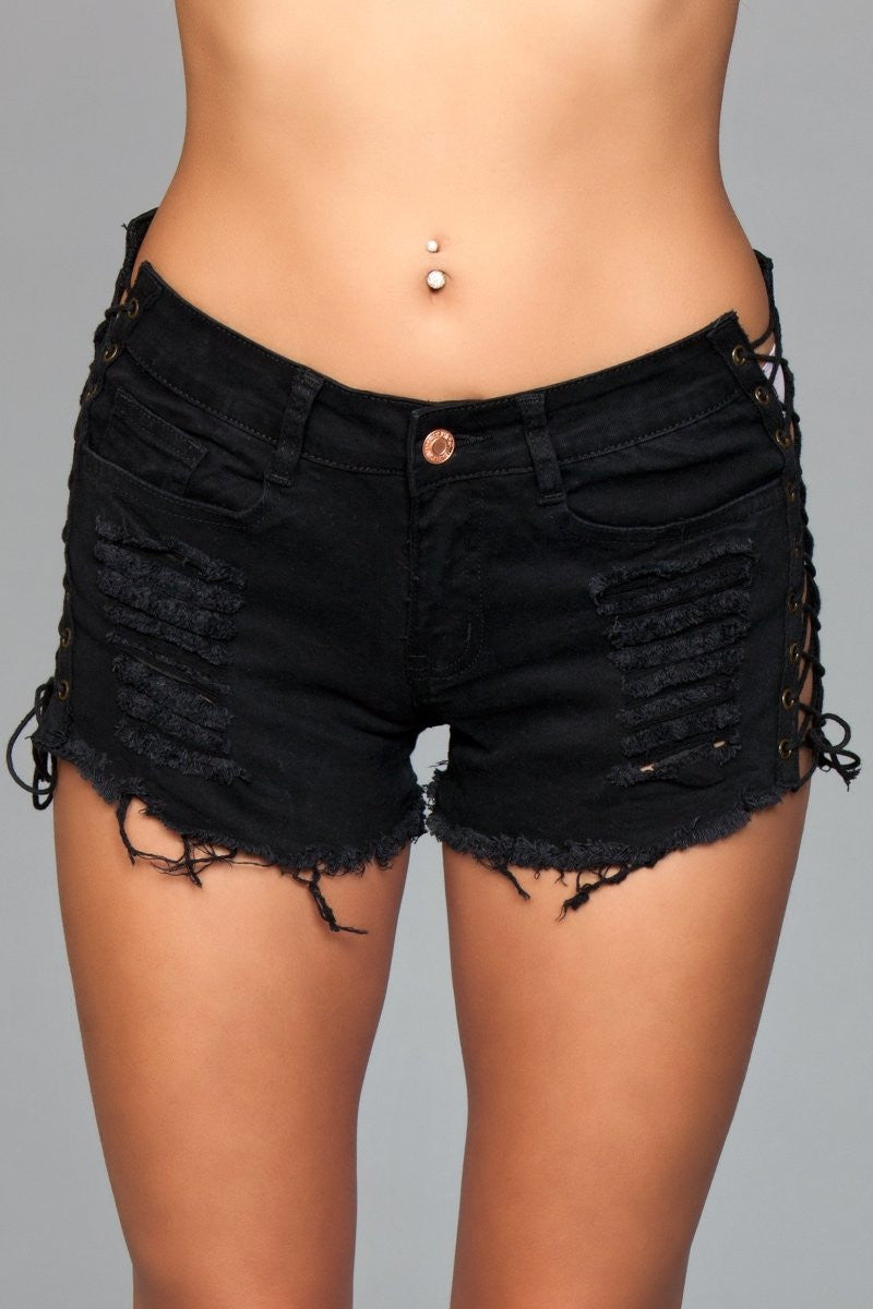 These denim shorts are a bold fusion of rugged distressing and intricate lace-up sides, crafted for those who love to make a statement with their style. These shorts are not just clothing, they express individuality and a daring fashion sense. Front button and zipper closure Low rise Distressed look Frayed hem Flattering ace-up sides Handwash only.