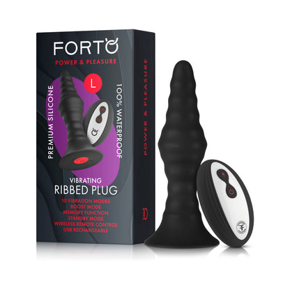 Forto Vibrating Ribbed Plug Rechargeable Remote-Controlled Silicone Anal Plug Large Black Default Title Forto Toys - Anal Toys