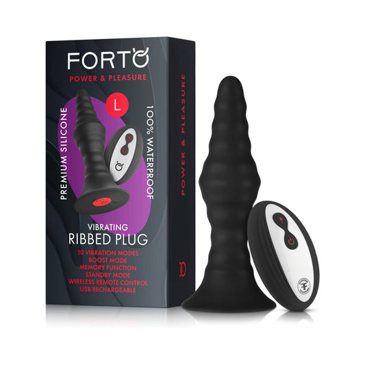 Forto Vibrating Ribbed Plug Rechargeable Remote-Controlled Silicone Anal Plug Large Black