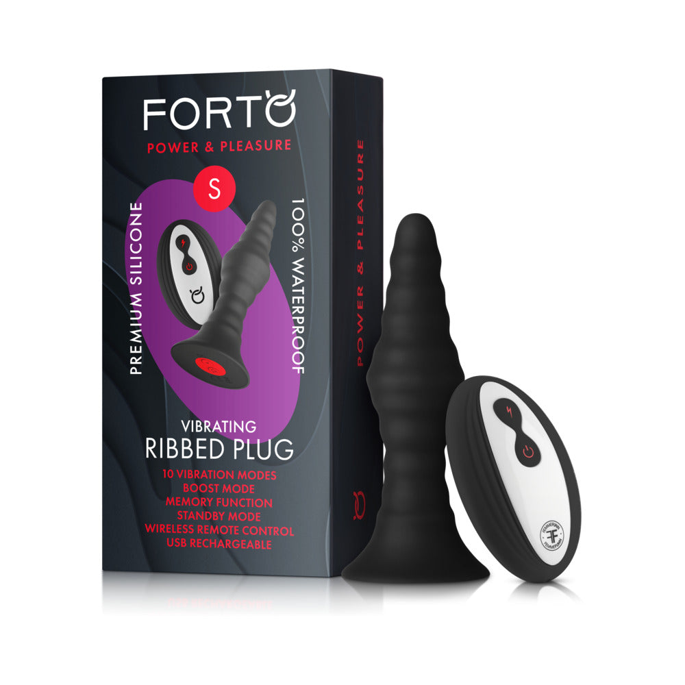 Forto Vibrating Ribbed Plug Rechargeable Remote-Controlled Silicone Anal Plug Small Black