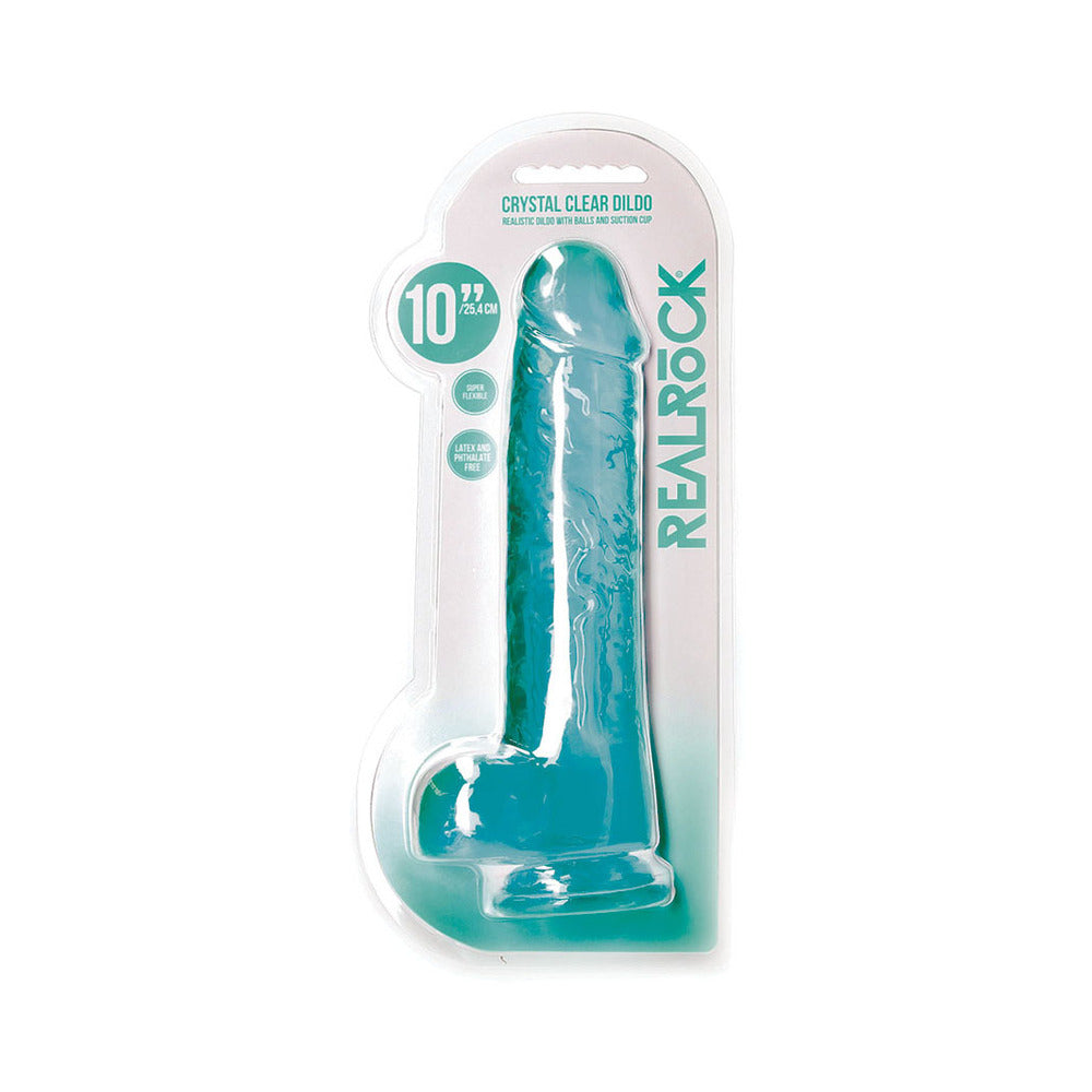 RealRock Crystal Clear Realistic 10 in. Dildo With Balls and Suction Cup Turquoise