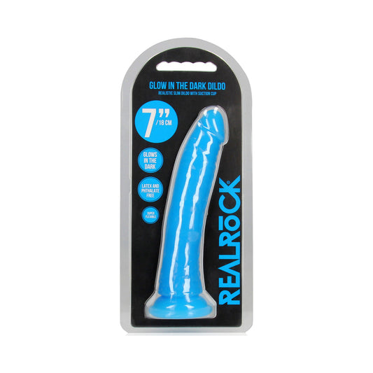 RealRock Glow in the Dark Slim 7 in. Dildo Neon Blue