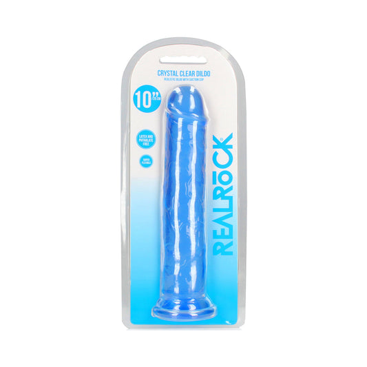 RealRock Crystal Clear Straight 10 in. Dildo Without Balls Blue