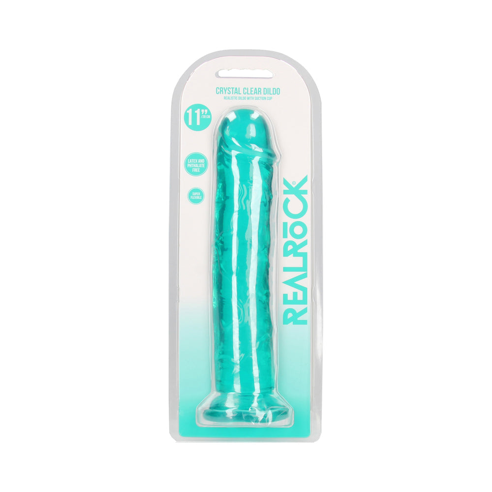 RealRock Crystal Clear Straight 11 in. Dildo Without Balls Turquoise