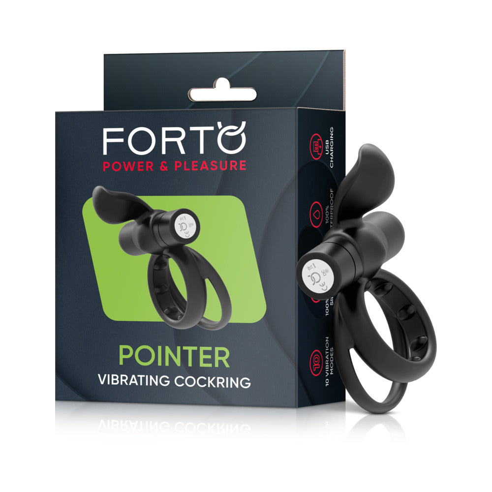Forto Pointer Rechargeable Silicone Vibrating Dual Cockring with External Stimulator Black