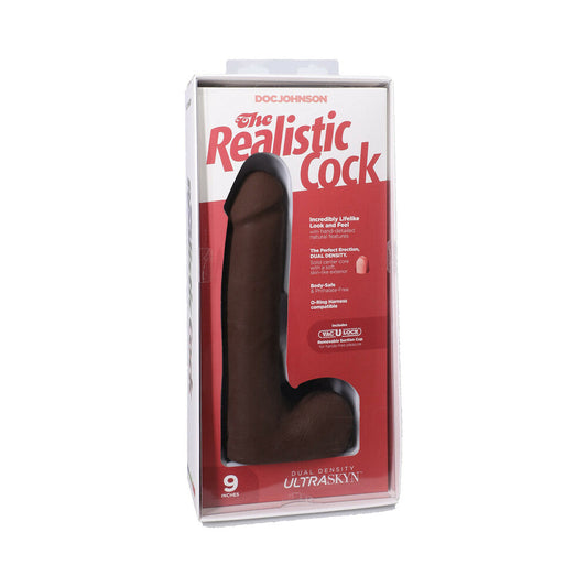 The Realistic Cock 9 in. ULTRASKYN Vac-U-Lock Dildo with Balls Chocolate