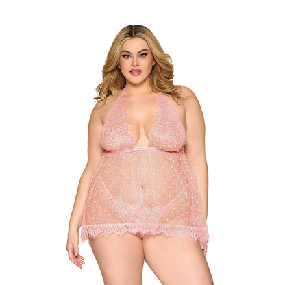 Dreamgirl Lace and Polka Dot Mesh Babydoll and G-String Rose Quartz 2XL Default Title Dreamgirl Women - Lingerie - Babydolls