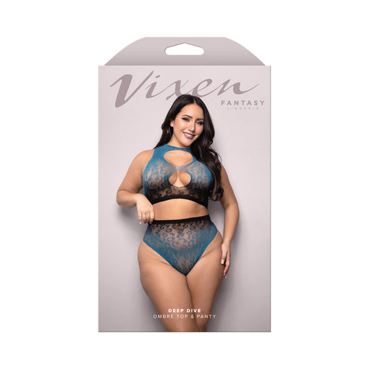Fantasy Lingerie Vixen Deep Dive Ombré Leopard Knit Cut-Out Top & Panty Black/Blue Queen Size