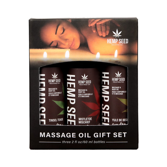 Earthly Body Hemp Seed Holiday Massage Oil Trio Gift Set: Mistletoe Mischief, Tinsel Tease, Yule Be Begging