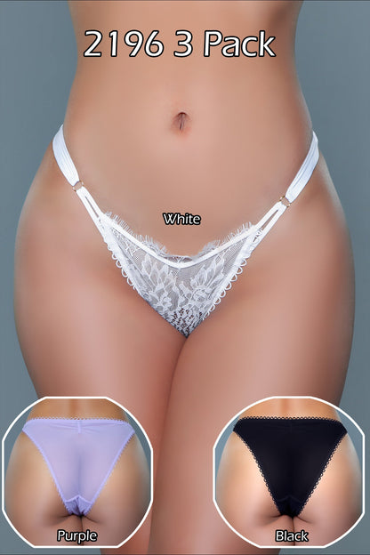 2196 Aspen 3 Pack Purple Black White S Be Wicked Women - Lingerie - Panty