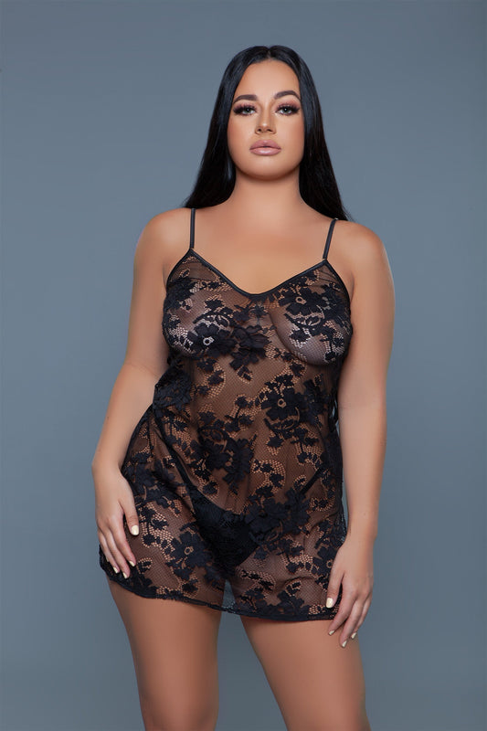 Luxurious floral lace chemise, designed to highlight the delicate beauty of lace with a floral pattern. This chemise features an elegant, body-skimming silhouette that gracefully outlines the wearer's figure. V neckline Adjustable spaghetti straps Back satin button keyhole closure Side slits Thong not included Machine wash warm with similar colors on delicate cycle. Do not bleach/tumble dry/iron/dry clean. Be Wicked box packaging