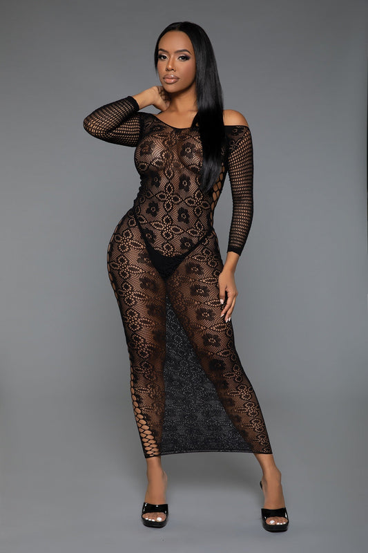 Late Last Night Night Dress Floral lace design Sexy crisscross cut-out sides Off shoulder Long sleeves Thong not included Follow care instructions Be Wicked box packaging