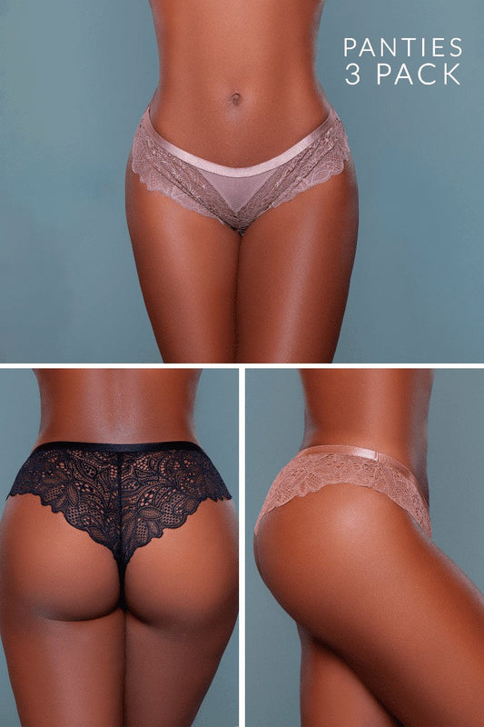 Introduce a touch of allure to your lingerie collection with our Wren Cheeky Pack. Designed for those who love to blend sophistication with a hint of seduction, these panties feature exquisite lace detailing that complements the cheeky cut, offering a perfect balance of coverage and reveal. Low-rise Delicate lace pattern Elastic waist Scalloped hem Cotton gusset liner 3 Pack (one of each color) Hanger with Be Wicked hangtag, 3-pack label, size label, hygienic liner, and UPC stickers in a polybag. Made in C