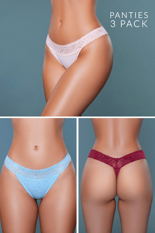 Step into the Sleek Sensation the Asher thong, designed for those who seek the perfect blend of comfort and elegance in their everyday lingerie. This thong combines the softness of jersey with the delicate appeal of lace, offering a luxurious wearing experience without compromising on style. Floral lace design Low-rise Thong cut Cotton contrast Pack of 3 (one of each color) Hanger with BW hangtag, 3-pack label, size label, hygienic liner, and UPC stickers in a polybag. Made in China