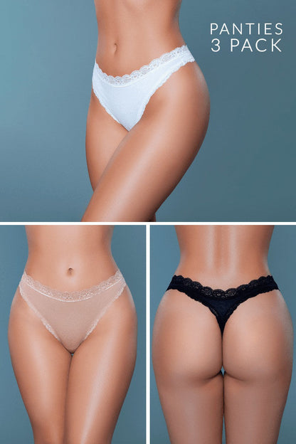 22023PK Mandy Thong 3 Pack Black White Nude S Be Wicked Women - Lingerie - Panty