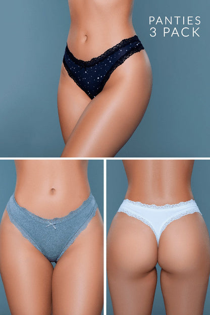 22063PK Jade Thong 3 Pack Black-Grey-White S Be Wicked Women - Lingerie - Panty