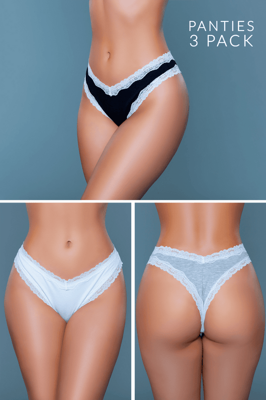 Elevate your lingerie essentials with our Sam Thong pack, featuring low-rise jersey thongs that perfectly blend everyday comfort with a touch of elegance. These thongs are distinguished by their delicate contrast lace trim, adding a modern twist to your underwear collection. Low rise Contrasting lace trim Cotton gusset liner Hanger with Be Wicked hangtag, 3-pack label, size label, hygienic liner, and UPC stickers in a polybag. Made in China