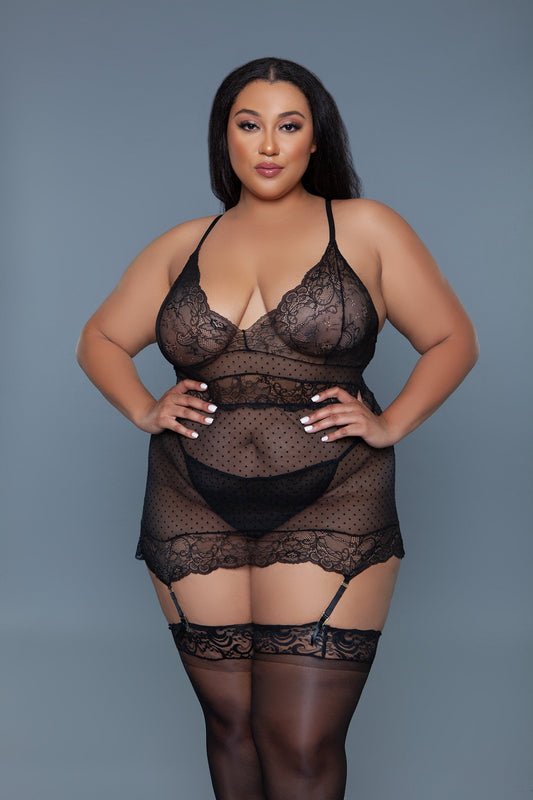 Nothing says sensual like the Ryder lace chemise set that beautifully combines polka dot patterns with floral lace details, creating a piece that is both playful and sophisticated. This chemise set evokes a sense of elegance and whimsy, making it a delightful addition to any lingerie collection. Sweetheart neckline Back adjustable spaghetti straps Flattering sheer floral lace with polka dot patterns Back Adjustable hook keyhole closure Detachable suspenders to pair with your favorite hosiery Matching crotc
