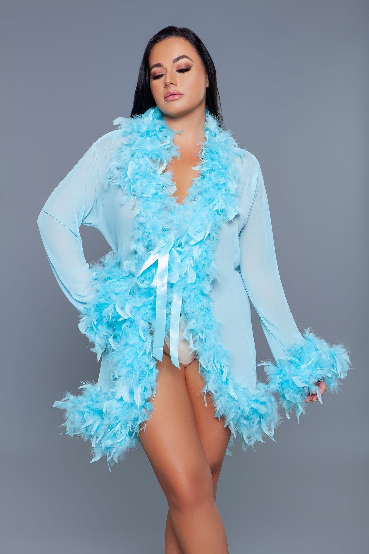 Lux short chiffon robe with feather boa trim is a playful yet elegant garment that combines the airy lightness of chiffon with the whimsical allure of a feather boa trim. This robe is designed for those who love to add a touch of glamour and fun to their loungewear. Sheer Feather trim Long sleeves Front tie satin ribbons Thong not included. Be Wicked polybag with Be Wicked hand tag and UPC stickers.