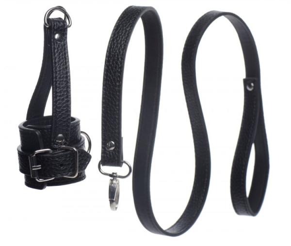 Ball Stretcher With Leash Black Leather Default Title Strict Toys - Fetish