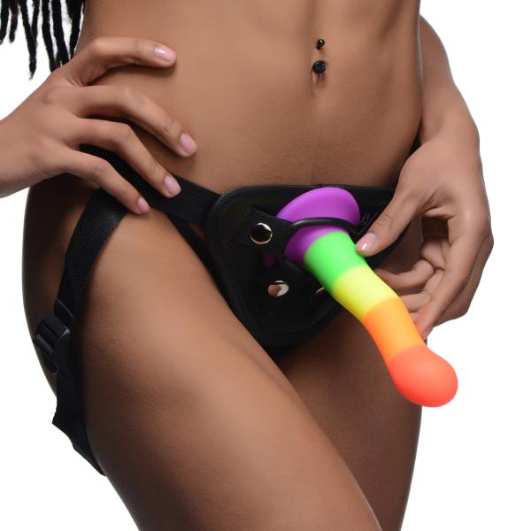 Proud Rainbow Silicone Dildo With Harness Default Title Strap U Toys - Fetish