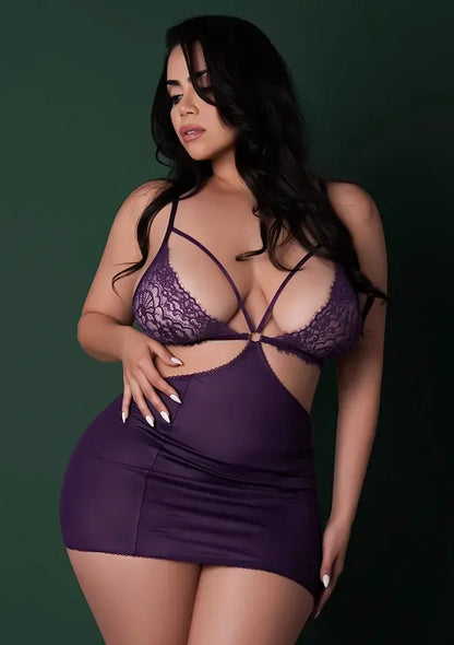 Magic Silk Leather & Lace Lace Cup Chemise & Thong Set Plum L/XL Magic Silk Women - Lingerie - Sets