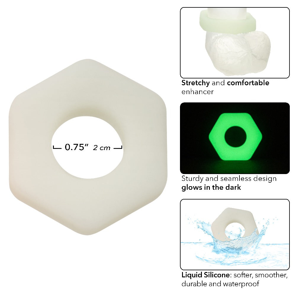 Alpha Glow-in-the-Dark Liquid Silicone Prolong Sexagon Ring - White CalExotics - California Exotic Novelties Toys - Cockrings