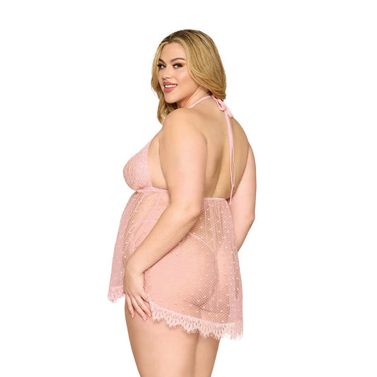 Dreamgirl Lace and Polka Dot Mesh Babydoll and G-String Rose Quartz 3XL Dreamgirl Women - Lingerie - Babydolls