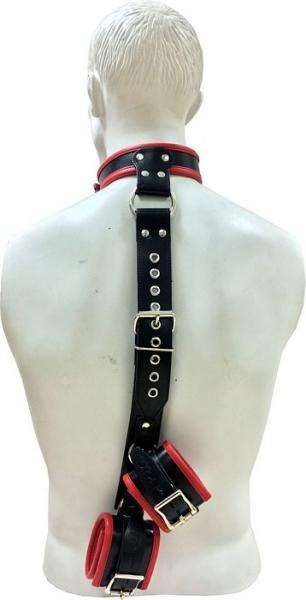 Rouge Leather Neck To Hand Restraint Black Red Rouge Toys - Fetish