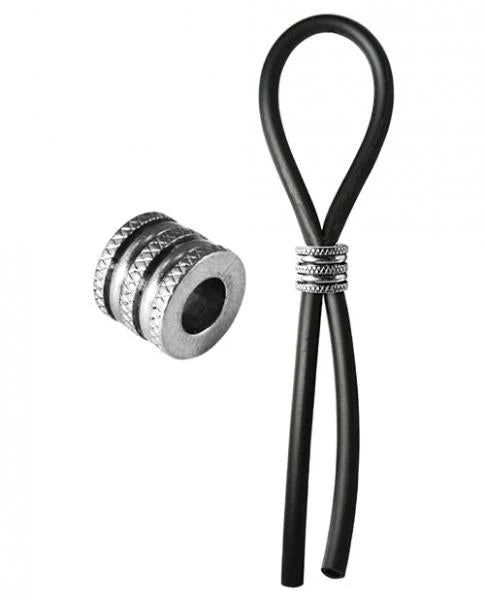 Bolo Lasso & Grooved Stainless Steel Slider Black Bolo Erection Enhancement Toys - Cockrings