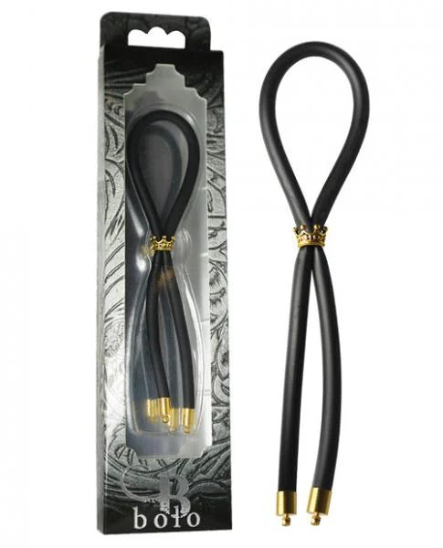 Bolo Silicone Lasso with Gold Crown Slider Ring Black Bolo Erection Enhancement Toys - Cockrings