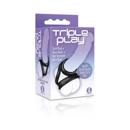 Triple Play Cock Ring, Base Boost, Ball Stretcher Black Icon Brands Toys - Fetish