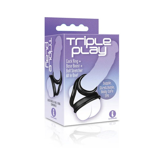 Triple Play Cock Ring, Base Boost, Ball Stretcher Black Icon Brands Toys - Fetish