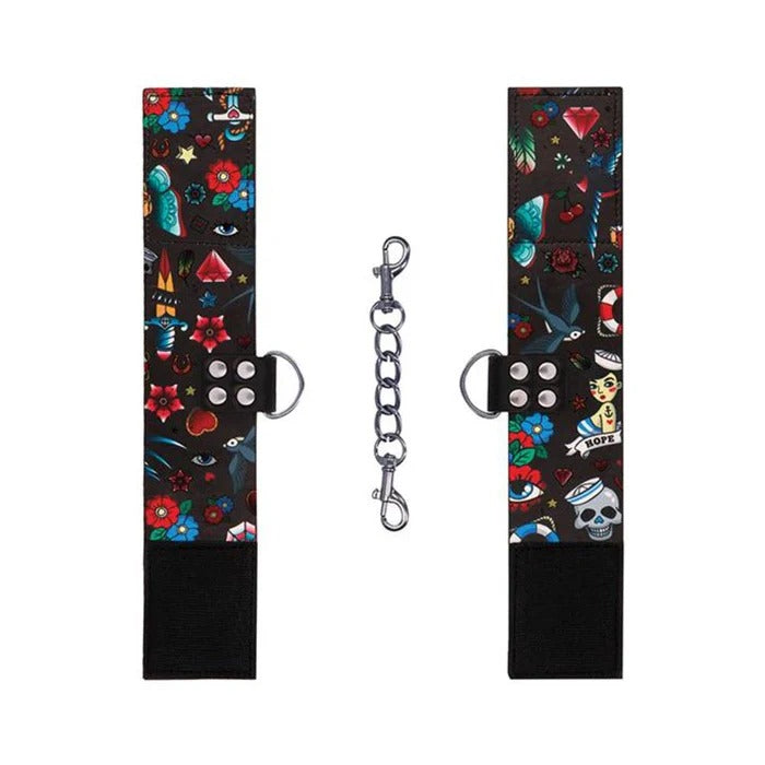 Ouch! Old School Tattoo Printed Hand Cuffs Shots America Toys - Fetish