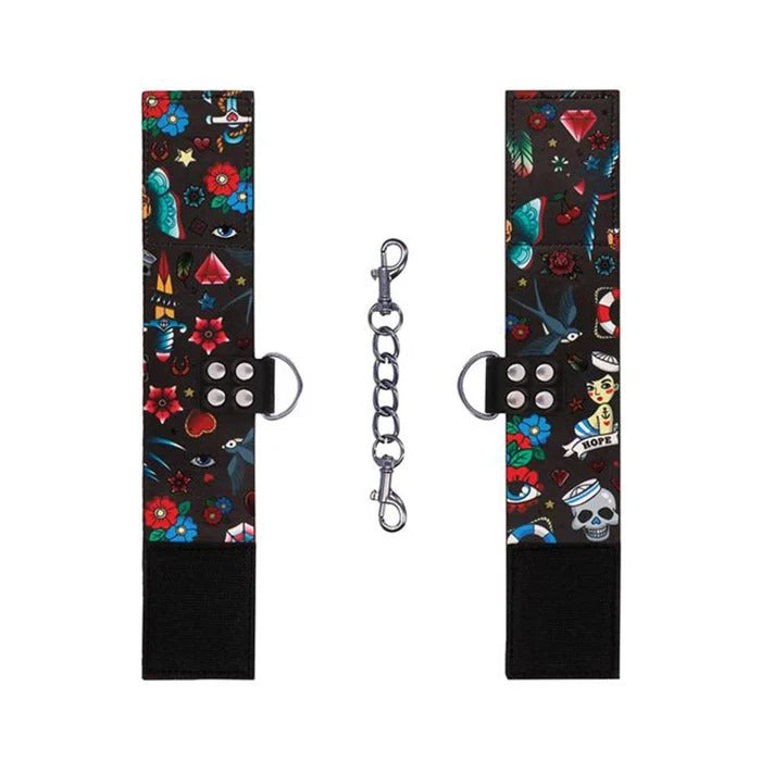 Ouch! Old School Tattoo Printed Ankle Cuffs Shots America Toys - Fetish