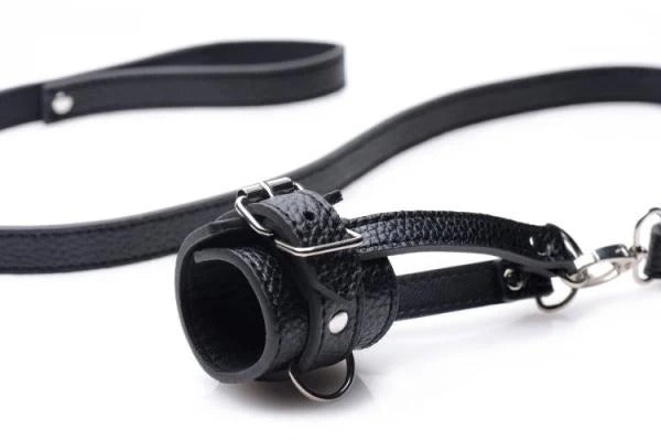 Ball Stretcher With Leash Black Leather Strict Toys - Fetish