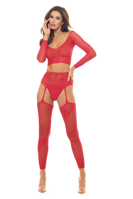 Permanent Mark Long Sleeve Top and Garter Bodystocking Red - Os Default Title Rene Rofe Women - Lingerie - Bodystocking