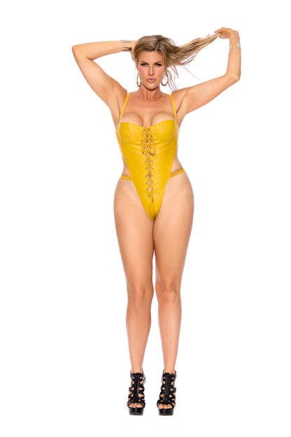 Leather Teddy With Lace Up Front, Underwire Cups, Adjustable Straps And String Back Elegant Moments Women - Lingerie - Teddy