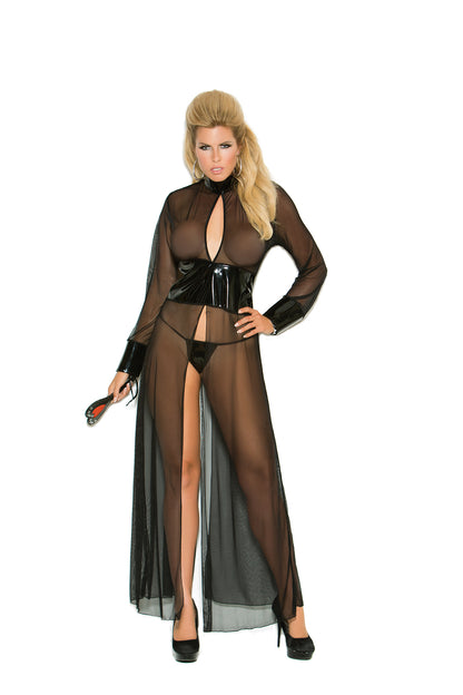 Mesh And Vinyl Long Sleeve Gown With Adjustable Hook And Eye Back Closure, Matching G-string Included 1X Black Elegant Moments Women - Lingerie - Dress
